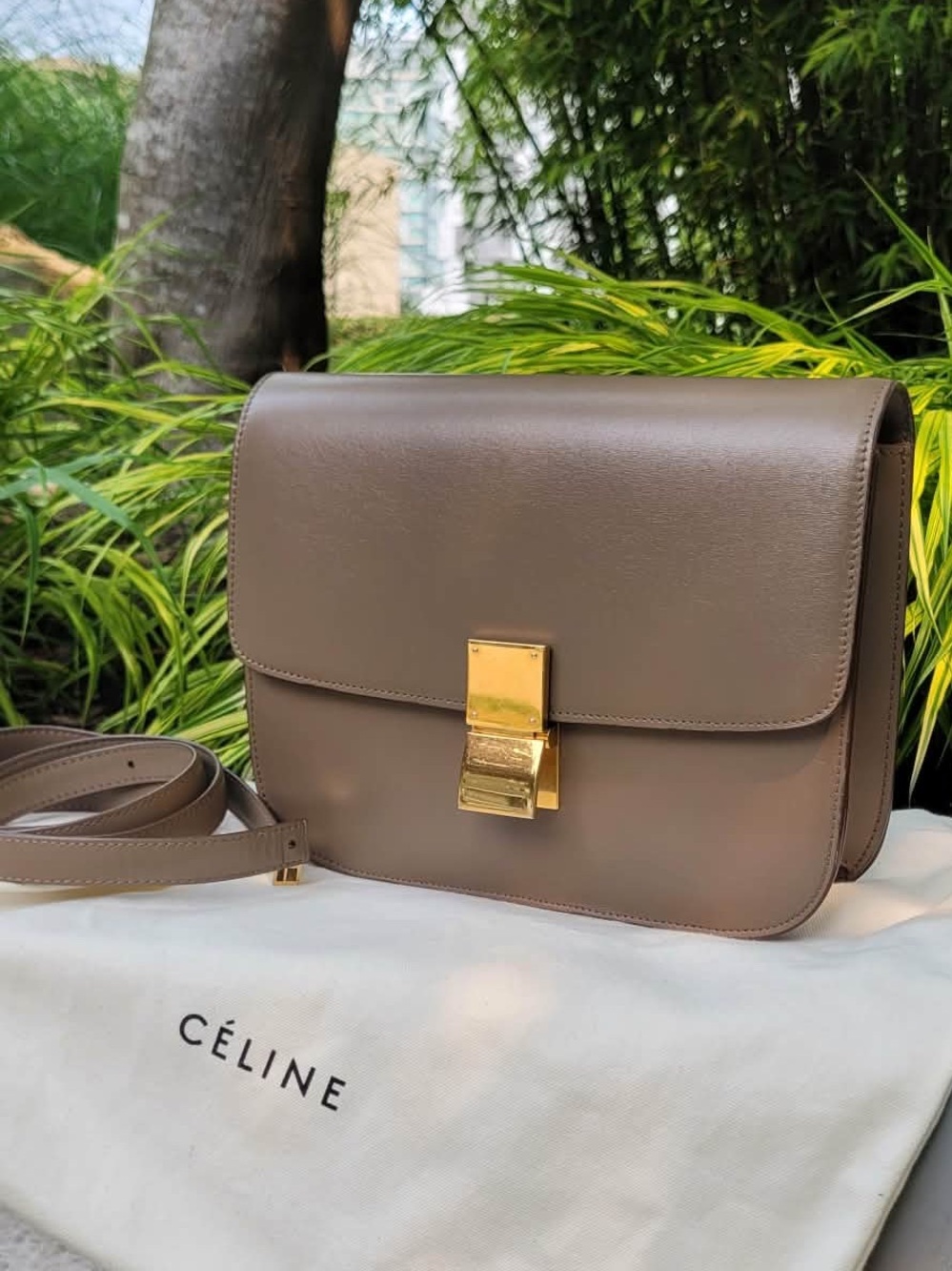 Celine Dove Grey Leather Classic Box Bag with Gold Hardware